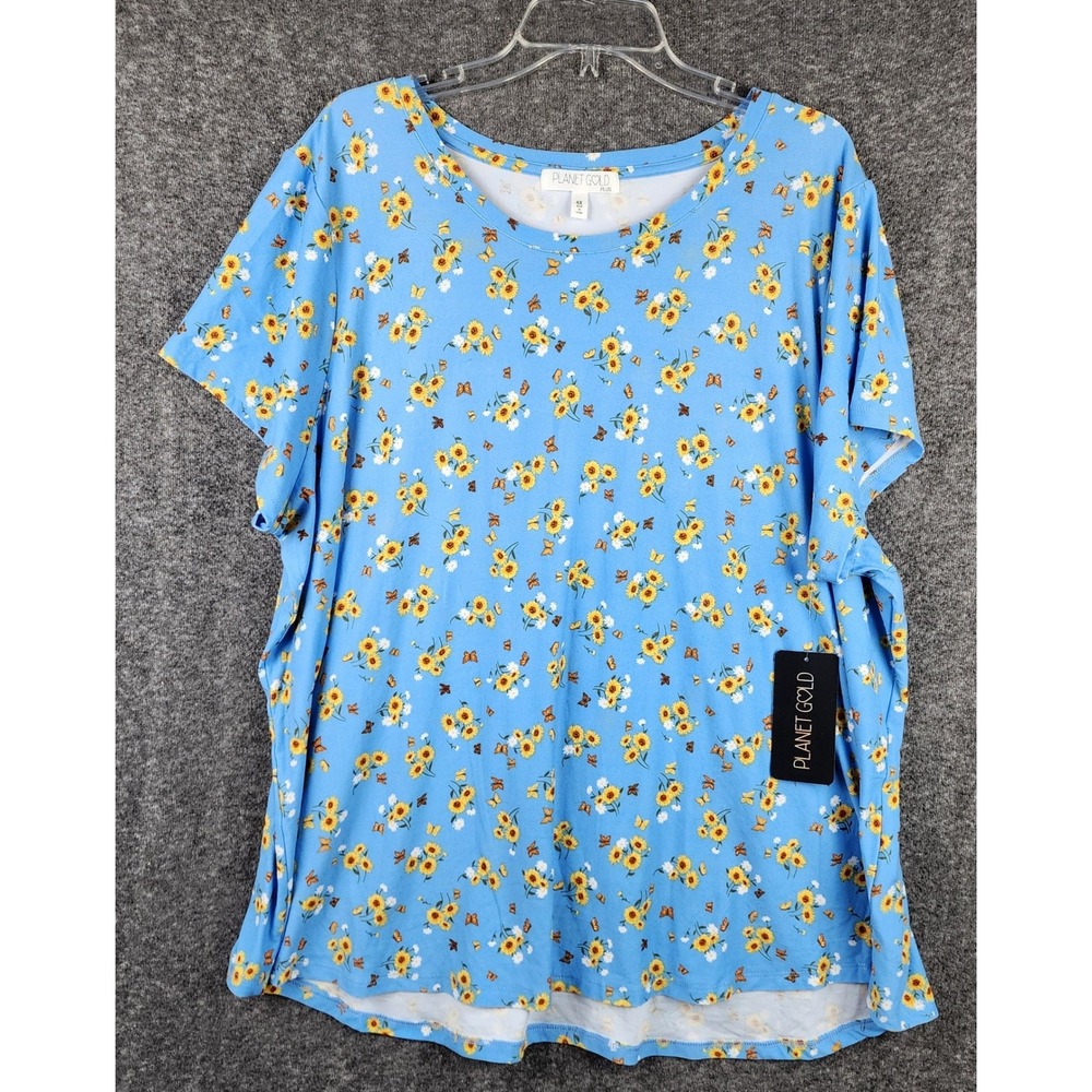 Planet Gold Shirt Womens 4X BFXT811 Azure Blue Sunflower Butterfly NEW